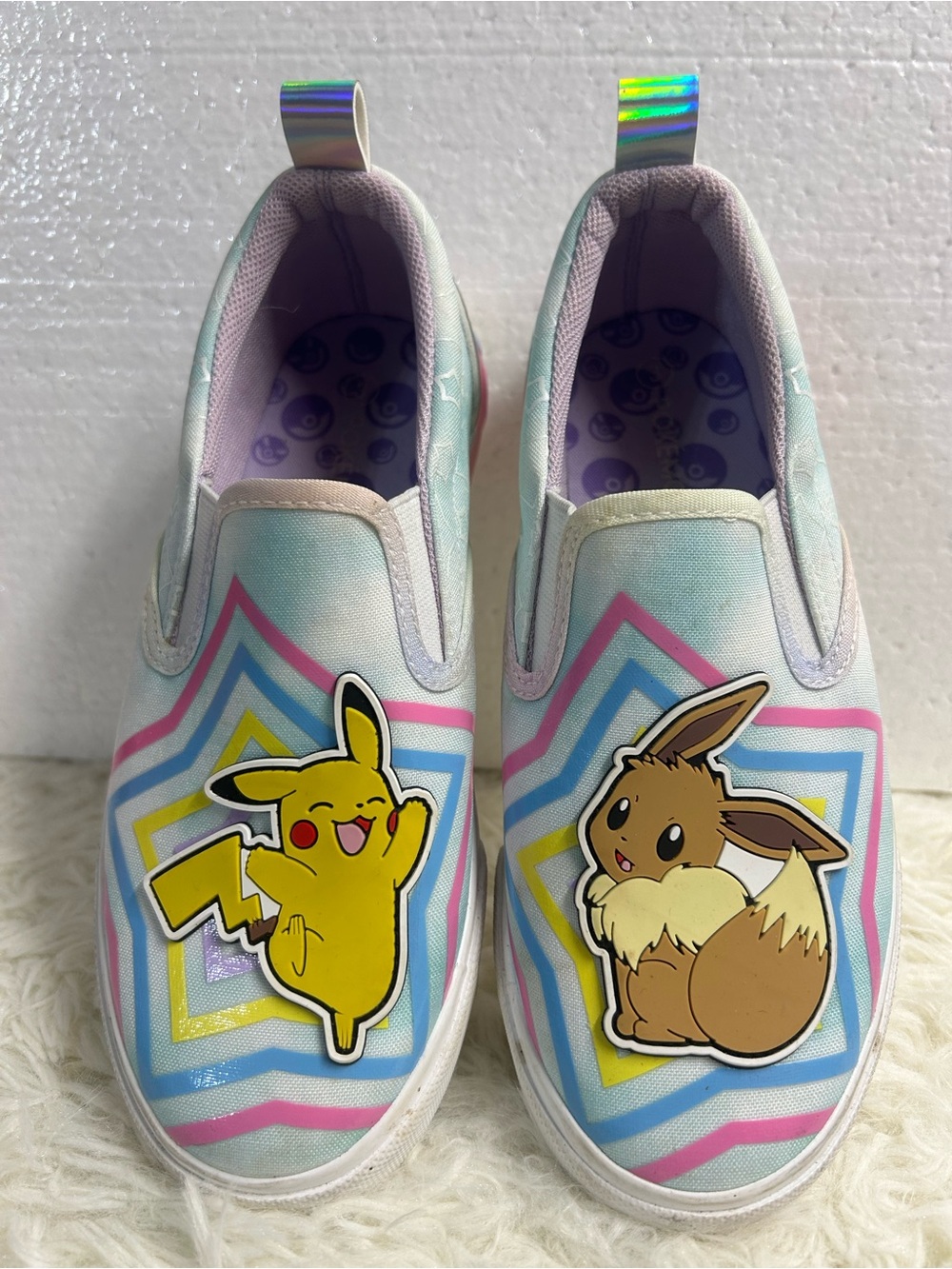 Kids Slip-On Pokemon Sneakers with Pikachu & Eevee - Pastel Rainbow
